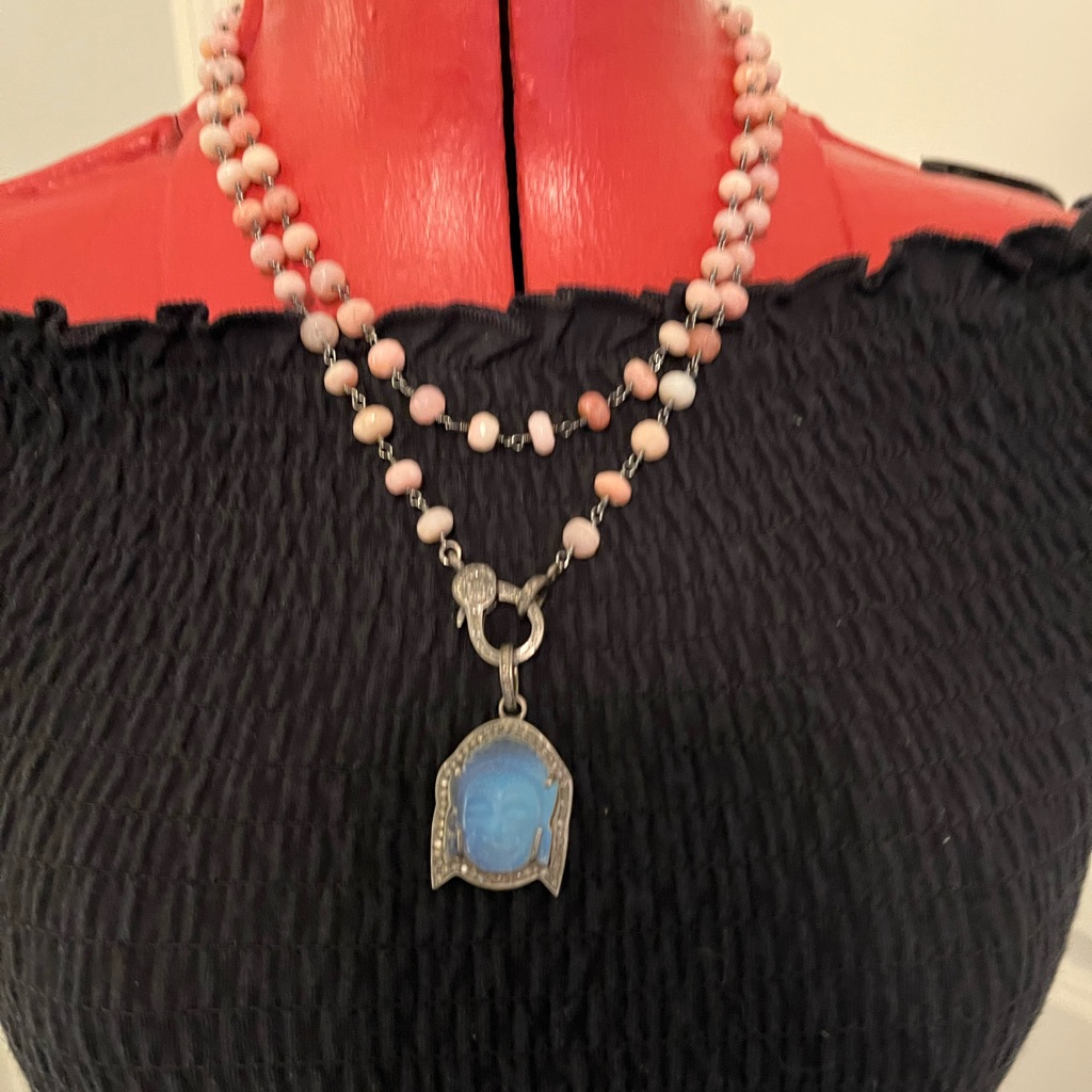 Frosted Crystal Quartz Buddha DiamondSterling Silver Necklace 425